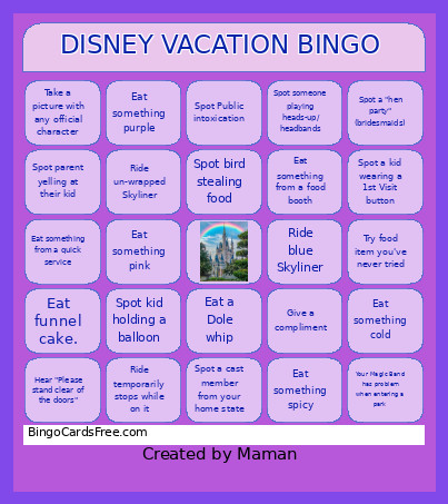 DISNEY VACATION Bingo Card