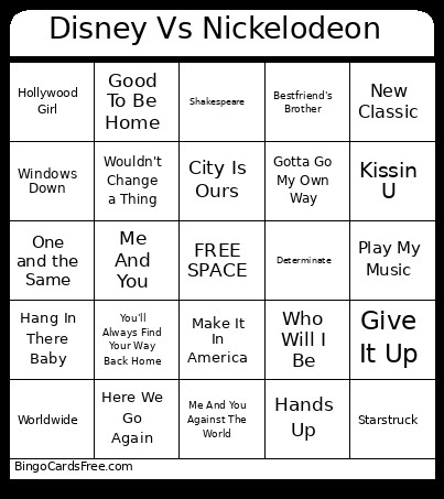 Disney Vs Nickelodeon Bingo Card