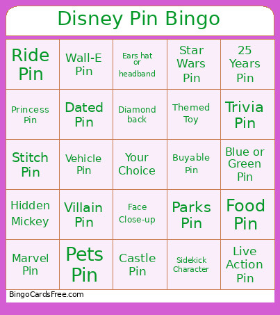 Disney World Pin Bingo Card
