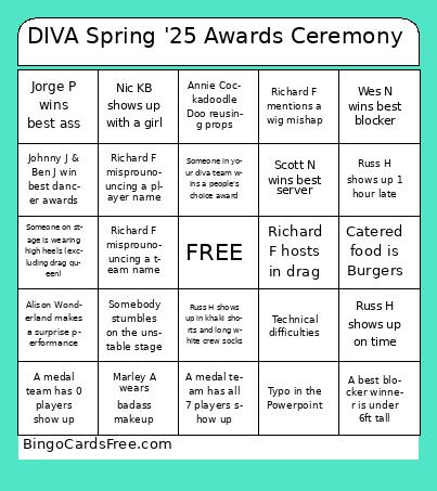 DIVA Spring '25 Awards Ceremony Bingo