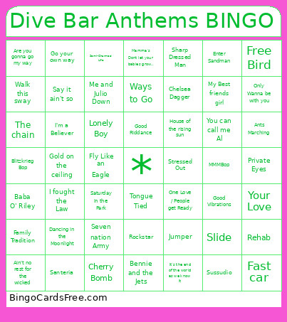 Dive Bar Anthems Bingo Card