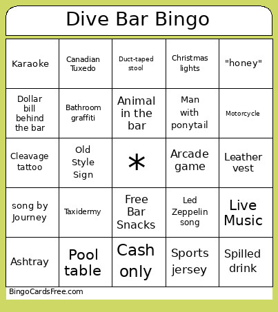 Dive Bar Bingo Card