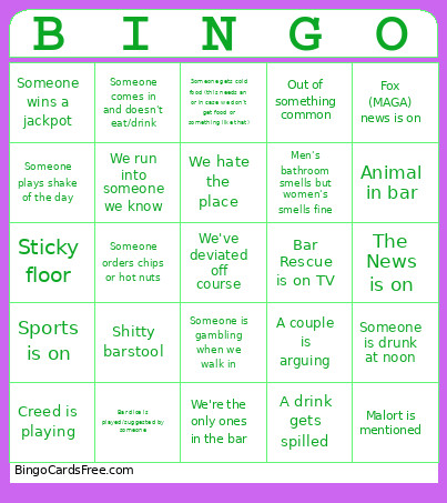 Dive Bar Bingo Card