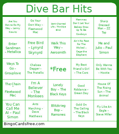 Dive Bar Hits Bingo Card