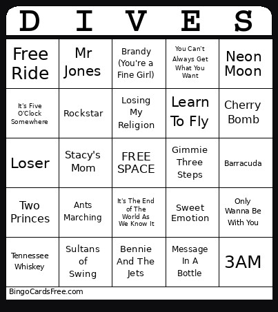 Dive Bar Music Bingo Card