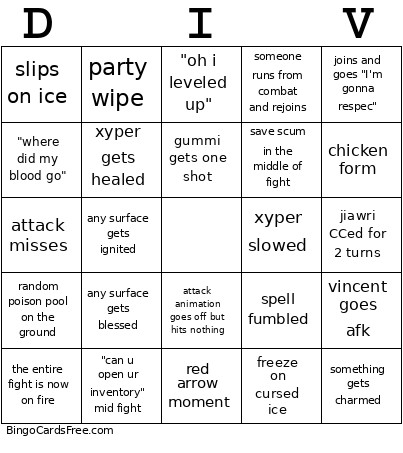 Divinity Bingo Card