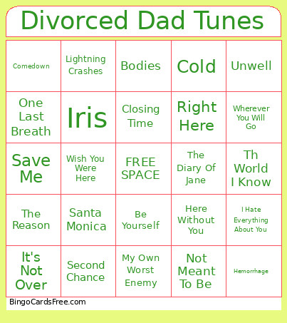 Divorced Dad Tunes Bingo Card