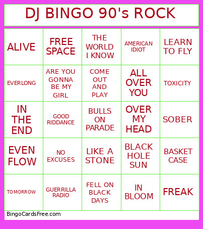 DJ 90's ROCK Bingo Card