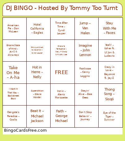 DJ - Hosted By Tommy Too Turnt Bingo Card