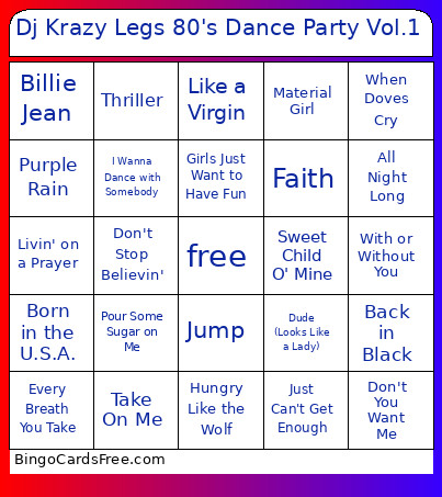 Dj Krazy Legs 80's Dance Party Vol.1 Bingo Card