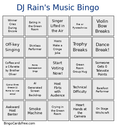DJ Rain's Music Bingo Card