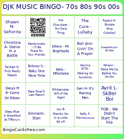 DJK MUSIC - 70s 80s 90s 00s Bingo Card