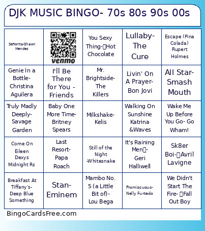 DJK MUSIC - 70s 80s 90s 00s Bingo Card