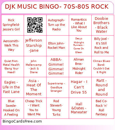 DJK MUSIC - 70S-80S ROCK Bingo Card
