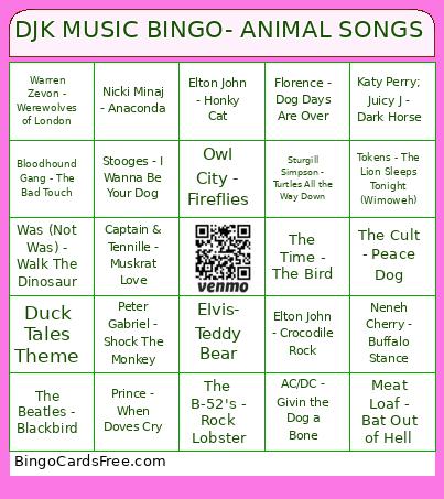 DJK MUSIC - ANIMAL SONGS Bingo Card