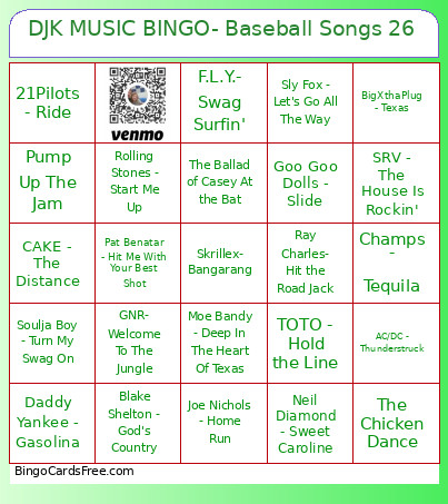 DJK MUSIC - Baseball Songs 26 Bingo Card