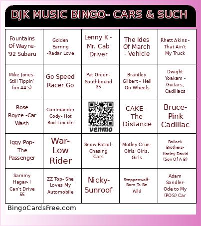 DJK MUSIC BINGO- CARS & SUCH