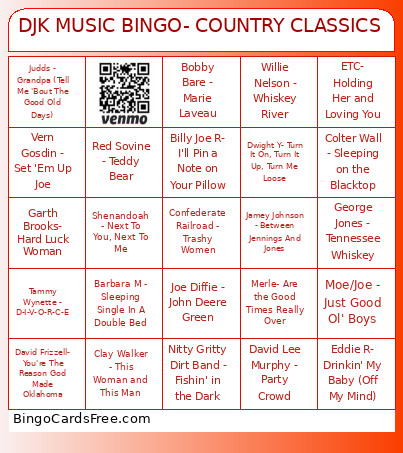 DJK MUSIC - COUNTRY CLASSICS Bingo Card