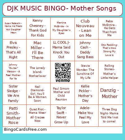 DJK MUSIC - Mother Songs Bingo Card