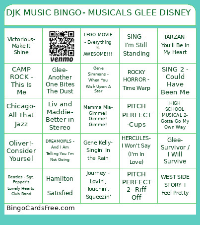 DJK MUSIC - MUSICALS GLEE DISNEY Bingo Card