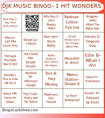 Djk Music One Hit Wonders 26 Bingo Card