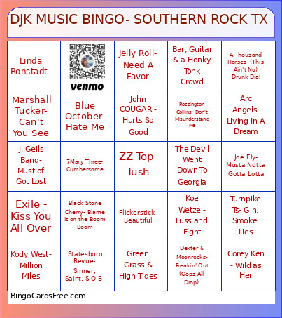 DJK MUSIC - SOUTHERN ROCK TX Bingo Card