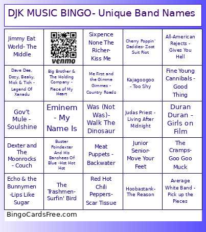DJK MUSIC - Unique Band Names Bingo Card