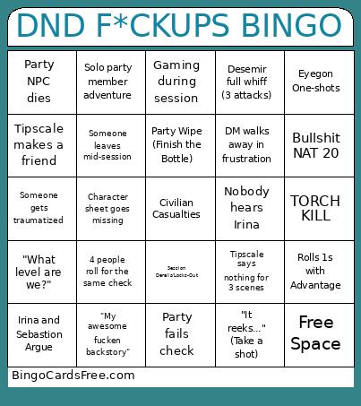 DND DRINKING CONTEST Bingo Card