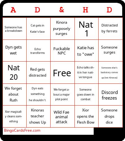 DND Fae Wild Bingo Cards Free Pdf Printable Game, Title: AD&HD