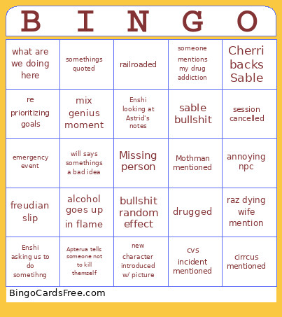 Dnd Session Bingo Card