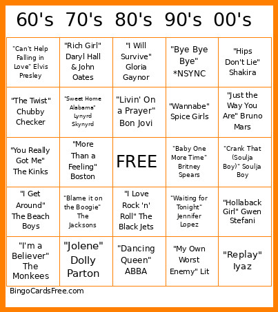 Do You Know Your Decades Music? Bingo Card