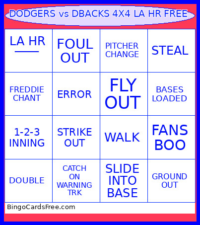 DODGERS Vs DBACKS 4X4 LA HR Bingo Card
