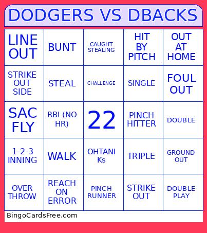 DODGERS VS DBACKS Bingo Card