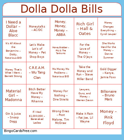 Dolla Dolla Bills Bingo Card