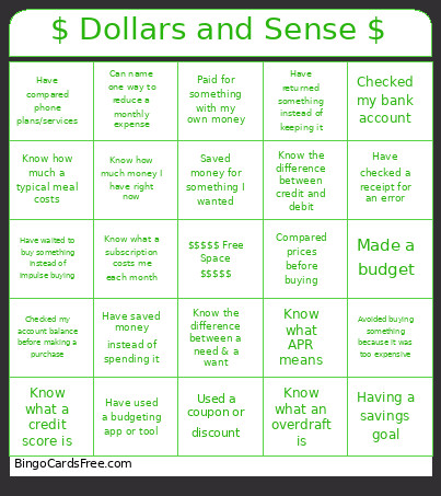 $ Dollars And Sense $ Bingo Card