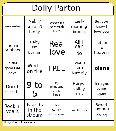 Dolly Parton Bingo Card
