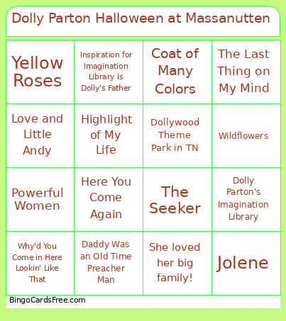 Dolly Parton Halloween At Massanutten Bingo Card