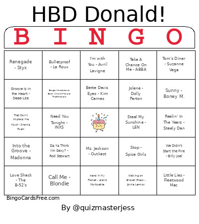 Donald Bday Bingo Card