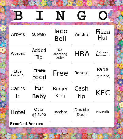 Door Dash Bingo Card