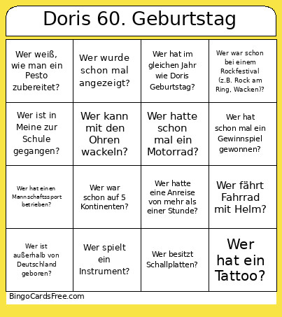 Doris 60. Geburtstag Bingo Card