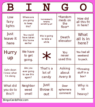Dorm Move Out Bingo Card