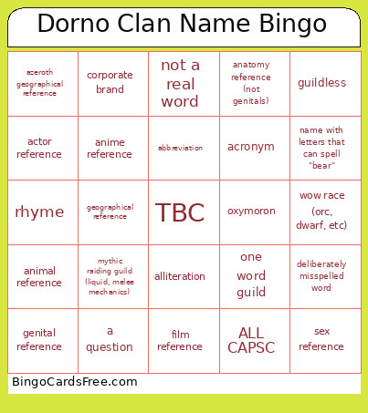 Dorno Clan Name Bingo Card