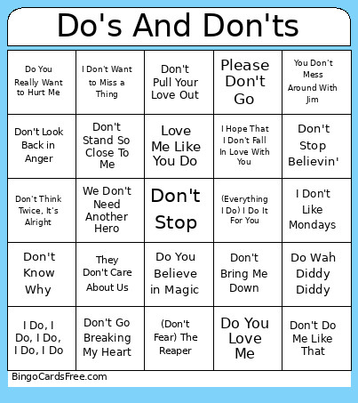 Do's And Don'ts Bingo Card