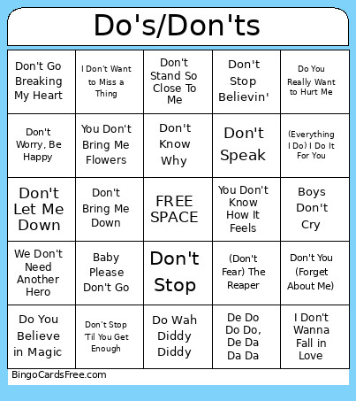 Do's And Don'ts Bingo Card