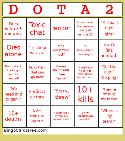 Dota 2 Yes Bingo Card