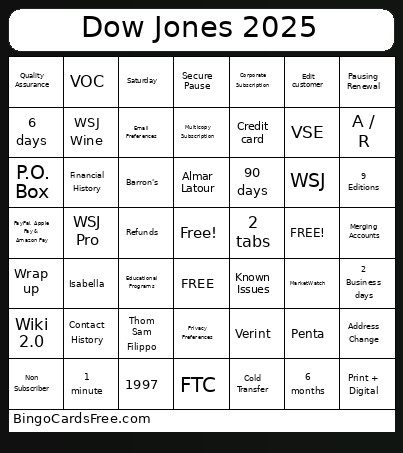 Dow Jones 2025 Bingo Card