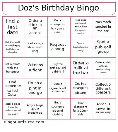 Doz's Birthday Bingo Card