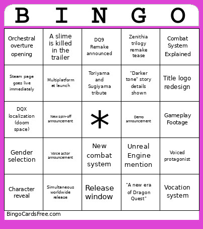 Dq12 Announcement Bingo Card