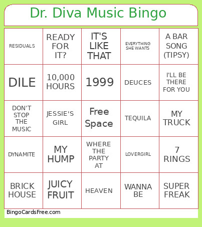 Dr. Diva Favorite Songs Bingo Card