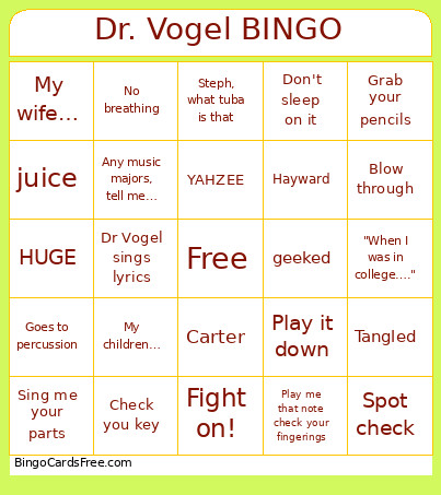 Dr. Vogel Rehearsal Bingo Card